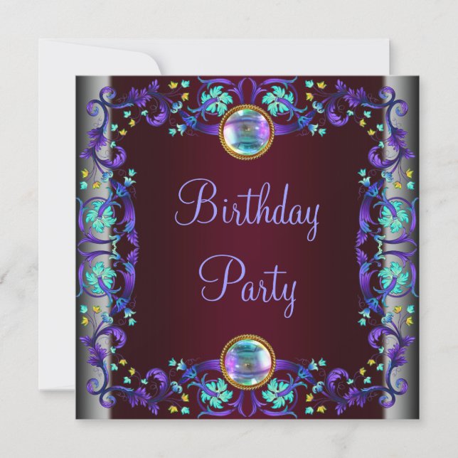 Red Wine Purple Teal Blue Birthday Party Invitation (Front)