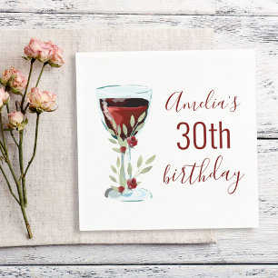 Red Wine Rose Watercolor 30th Birthday Napkins