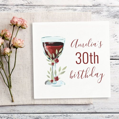 Red Wine Rose Watercolor 30th Birthday  Napkins