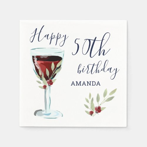 Red Wine Rose Watercolor 50th Birthday Party Napkins