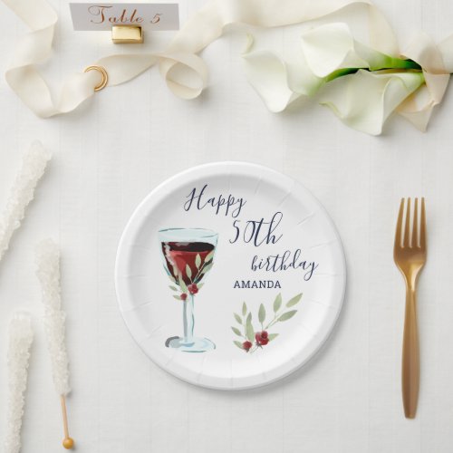 Red Wine Rose Watercolor 50th Birthday Party Paper Plates