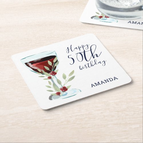Red Wine Rose Watercolor 50th Birthday Party Square Paper Coaster