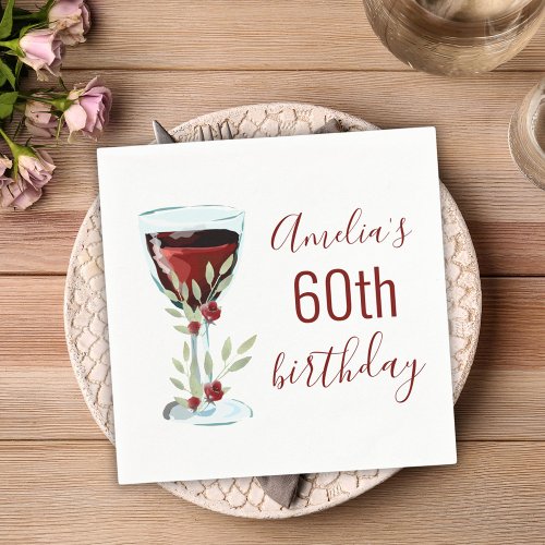 Red Wine Rose Watercolor 60th Birthday  Napkins
