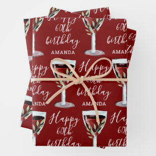 Red Wine Rose Watercolor 60th Birthday Wrapping Paper Sheets