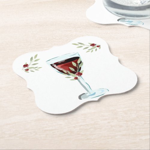 Red Wine Rose Watercolor Birthday Party Paper Coaster - Red Wine Rose Watercolor Birthday Party Paper Coaster. The design has watercolor red wine glass, roses and twigs.