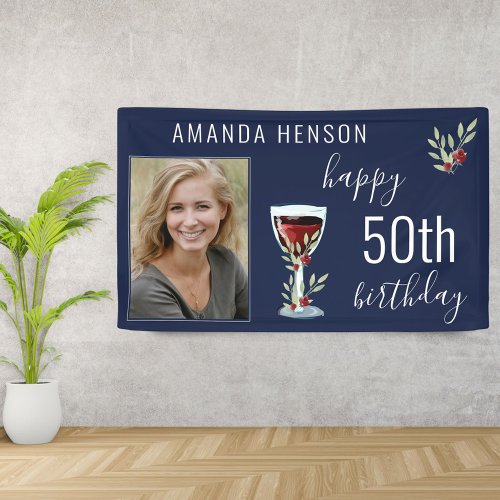 Red Wine Rose Watercolor Blue Photo 50th Birthday Banner