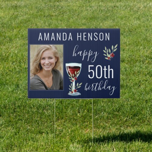 Red Wine Rose Watercolor Blue Photo 50th Birthday Sign