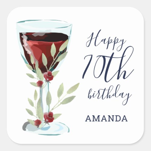 Red Wine Rose Watercolor Floral 70th Birthday  Square Sticker