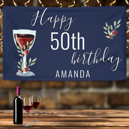 Red Wine Rose Watercolor Navy Blue 50th Birthday  Banner
