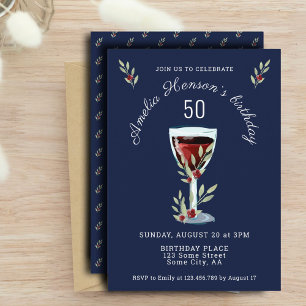 Red Wine Rose Watercolor Navy Blue 50th Birthday  Invitation