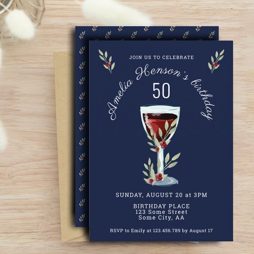 Red Wine Rose Watercolor Navy Blue 50th Birthday  Invitation