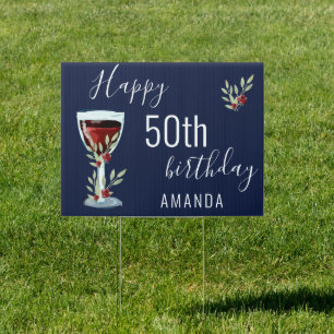 Red Wine Rose Watercolor Navy Blue 50th Birthday Sign
