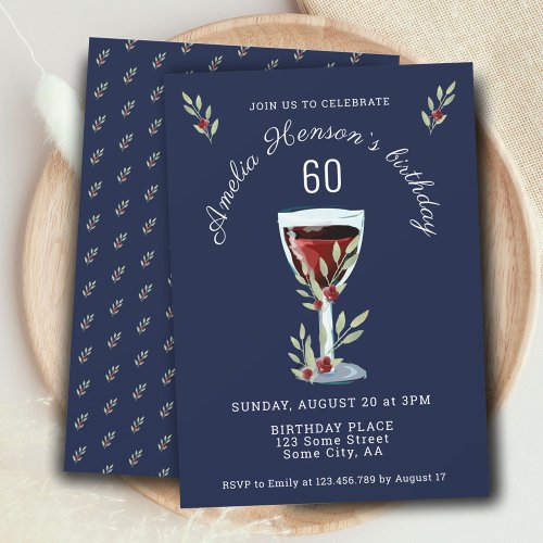 Red Wine Rose Watercolor Navy Blue 60th Birthday Invitation