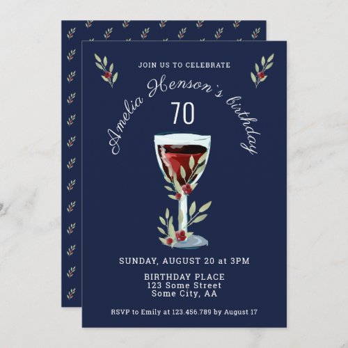 Red Wine Rose Watercolor Navy Blue 70th Birthday Invitation
