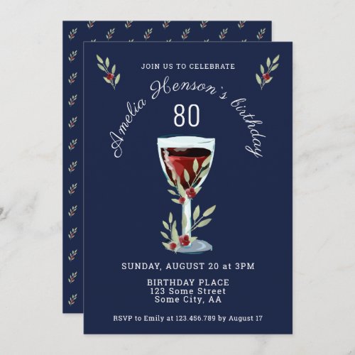 Red Wine Rose Watercolor Navy Blue 80th Birthday Invitation
