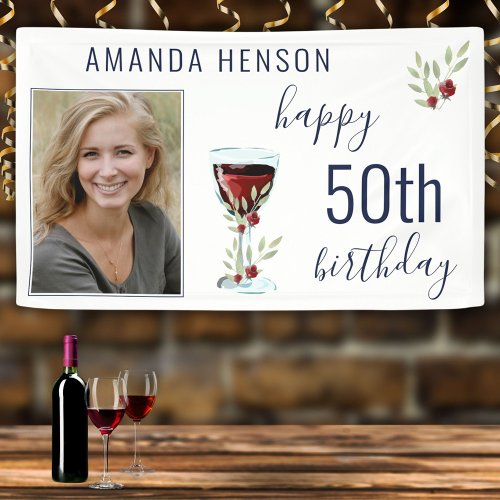 Red Wine Rose Watercolor Photo 50th Birthday  Banner
