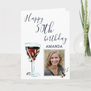 Red Wine Rose Watercolor Photo 50th Birthday Card