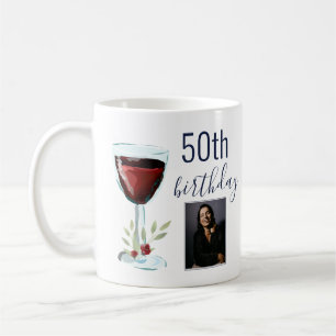 Red Wine Rose Watercolor Photo 50th Birthday Coffee Mug