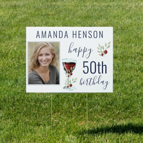 Red Wine Rose Watercolor Photo 50th Birthday Sign