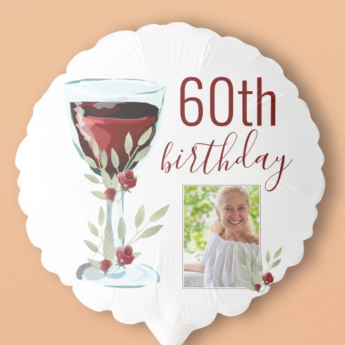 Red Wine Rose Watercolor Photo 60th Birthday  Balloon