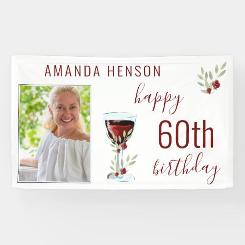 Red Wine Rose Watercolor Photo 60th Birthday  Banner