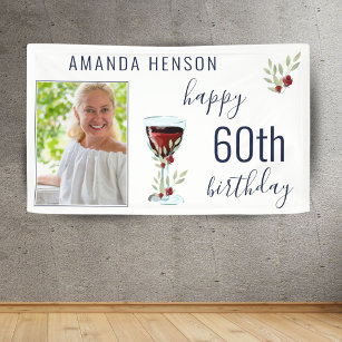 Red Wine Rose Watercolor Photo 60th Birthday  Banner