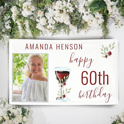 Red Wine Rose Watercolor Photo 60th Birthday  Banner