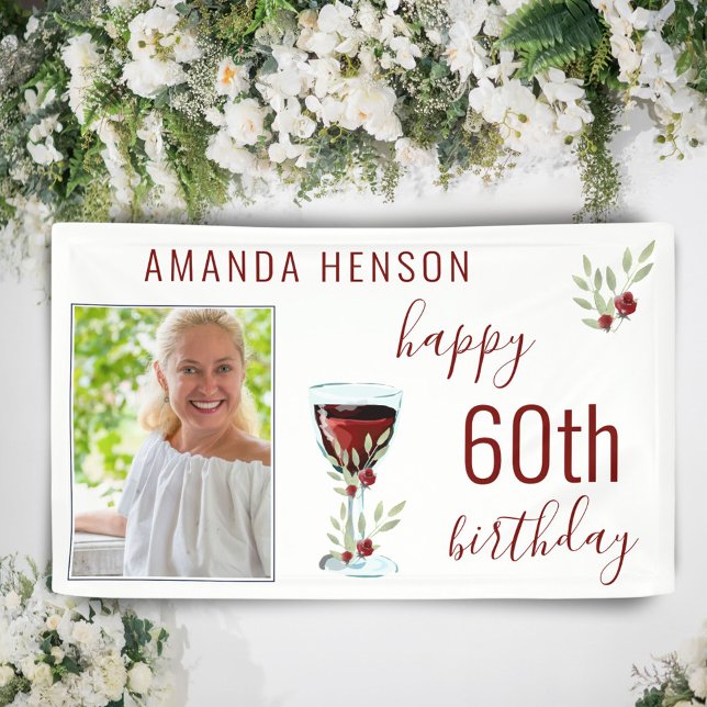 Red Wine Rose Watercolor Photo 60th Birthday  Banner (Creator Uploaded)