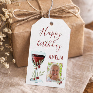 Red Wine Rose Watercolor Photo 60th Birthday  Gift Tags