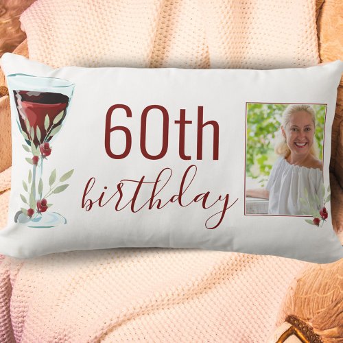 Red Wine Rose Watercolor Photo 60th Birthday  Lumbar Pillow