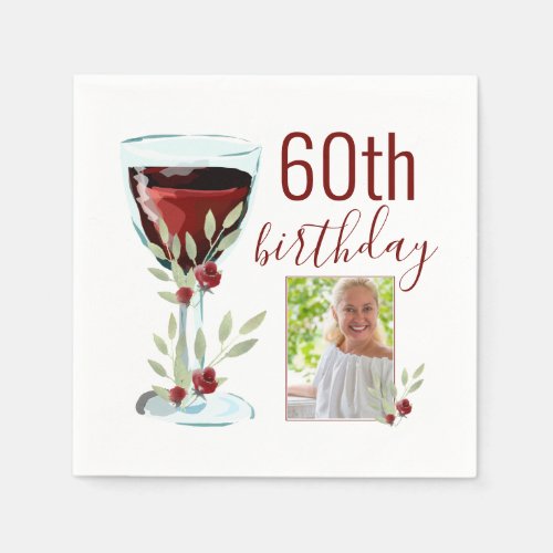 Red Wine Rose Watercolor Photo 60th Birthday  Napkins