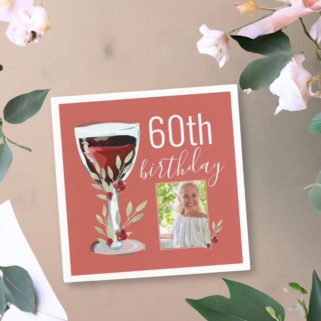 Red Wine Rose Watercolor Photo 60th Birthday  Napkins (Creator Uploaded)