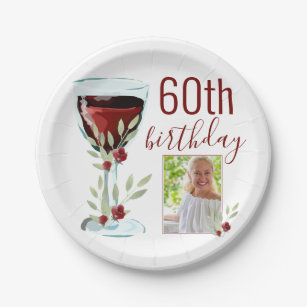 Red Wine Rose Watercolor Photo 60th Birthday  Paper Plates