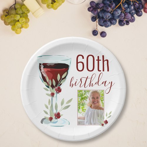 Red Wine Rose Watercolor Photo 60th Birthday  Paper Plates