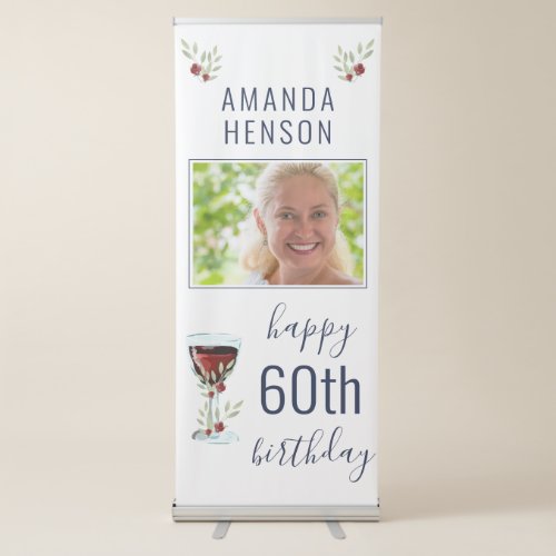 Red Wine Rose Watercolor Photo 60th Birthday  Retractable Banner