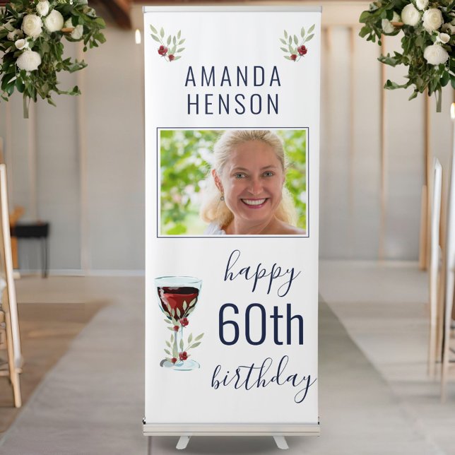 Red Wine Rose Watercolor Photo 60th Birthday  Retractable Banner (Creator Uploaded)