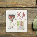 Red Wine Rose Watercolor Photo 60th Birthday  Stone Coaster<br><div class="desc">Rustic Red Wine Glass Rose Watercolor Photo 60th Birthday Stone Coaster. The design has watercolor red wine glass,  roses and twigs. The text is fully customizable - personalize it with your photo and age.</div>