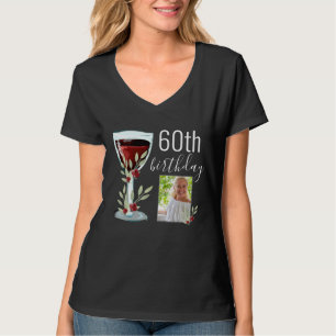 Red Wine Rose Watercolor Photo 60th Birthday  T-Shirt