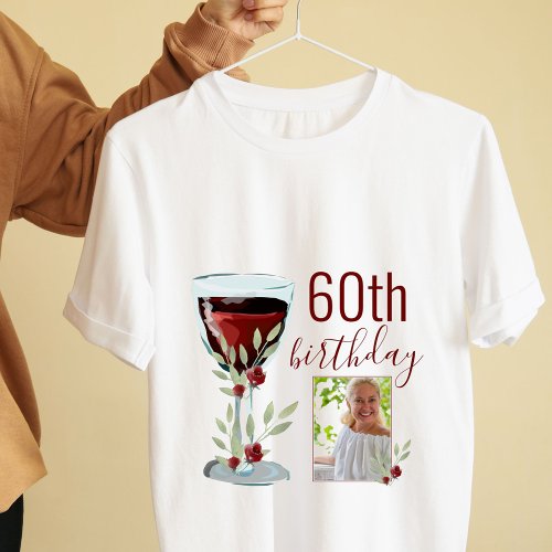 Red Wine Rose Watercolor Photo 60th Birthday  T_Shirt