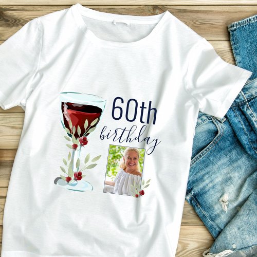 Red Wine Rose Watercolor Photo 60th Birthday  T_Shirt