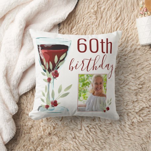 Red Wine Rose Watercolor Photo 60th Birthday  Throw Pillow