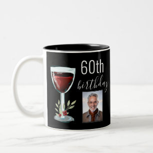 Red Wine Rose Watercolor Photo 60th Birthday Two-Tone Coffee Mug