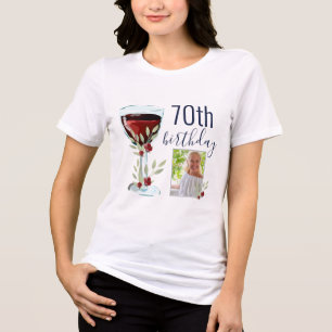 Red Wine Rose Watercolor Photo 70th Birthday Tri-Blend Shirt