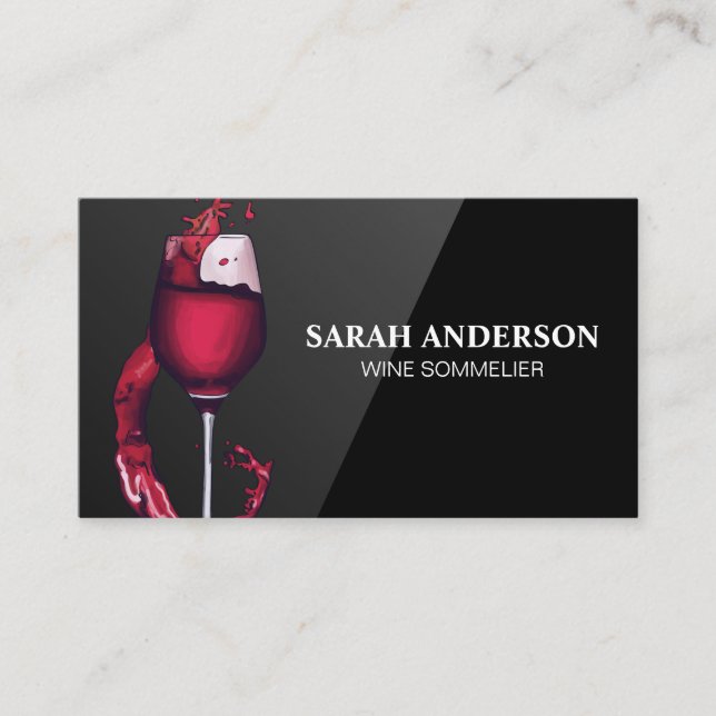 Red Wine Splash Glass | Black Glass Background Business Card (Front)