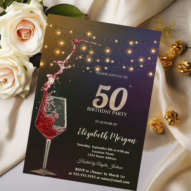 Red Wine String Lights 50th Birthday Party Invitation (Creator Uploaded)