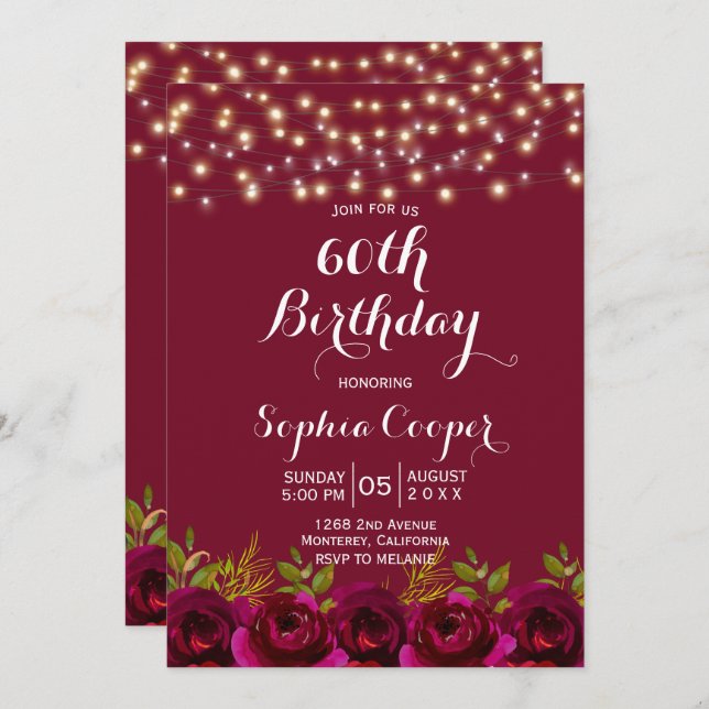 Red Wine String Lights 60th Birthday Party Invitation (Front/Back)