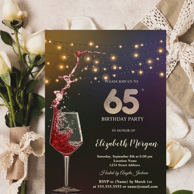Red Wine String Lights 65th Birthday Party Invitation (Creator Uploaded)