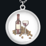 Red Wine Tasting Bottle, Grapes, Glass Necklace<br><div class="desc">Features an original marker illustration of a glass of red merlot wine surrounded by a bottle and grapes. Perfect for your favorite foodie or wine aficionado!</div>
