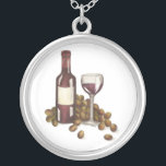 Red Wine Tasting Bottle, Grapes, Glass Necklace<br><div class="desc">Features an original marker illustration of a glass of red merlot wine surrounded by a bottle and grapes. Perfect for your favorite foodie or wine aficionado!</div>