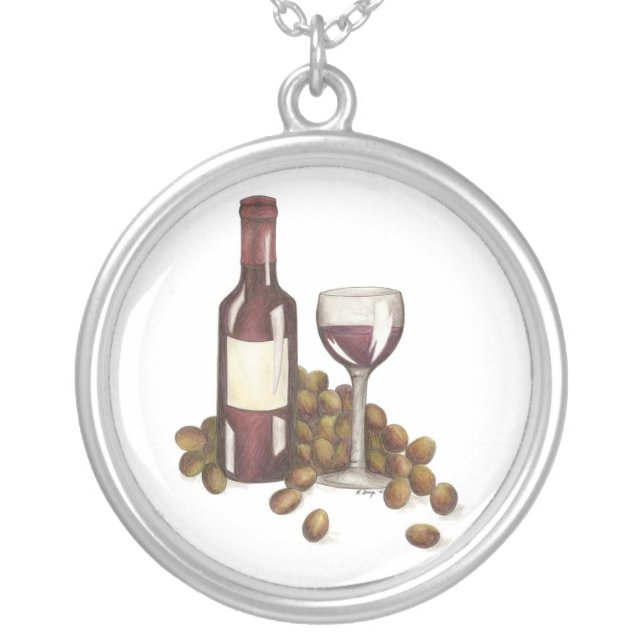 Red Wine Tasting Bottle, Grapes, Glass Necklace (Front)